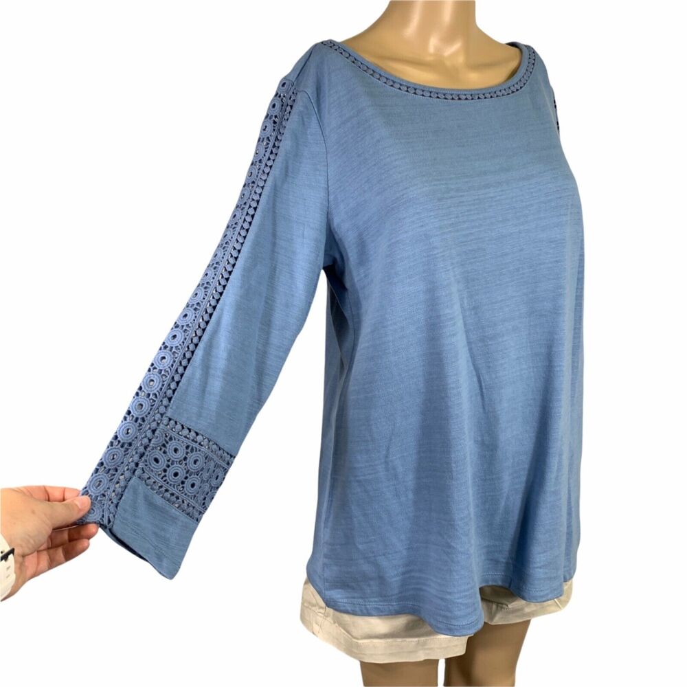 Charter Club Womens Sweater Crochet Detailed Pullover Light Blue Lightweight